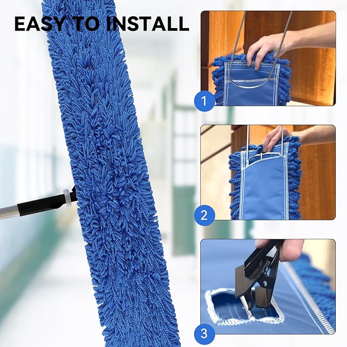 Commercial 48 Inch Dust Mop Head: Replacement Heavy-Duty Sweeper and Janitorial Industrial Dust Mop Head for Floor Cleaning, Office, School, Restaurant, Hospital (3 Pack - Blue)