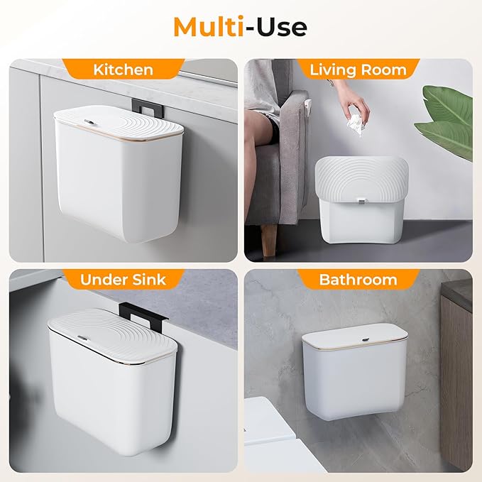 1.9 Gallon Hanging Trash Can - Small Under Sink Trash Can with Lid, Wall Mounted Garbage Bin for Kitchen & Bathroom Cupboard, Odor-Control, Extended Clamping Ring, White