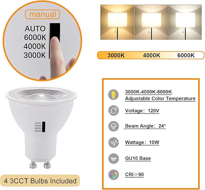 Black 4PCS LED Track Lighting with Advanced Replaceable GU10 Bulbs, Switchable 3CCT and Dimmable Brightness(20%-100%), Versatile Ceiling Spotlight Fixtures for Any Space(No Track Rail)