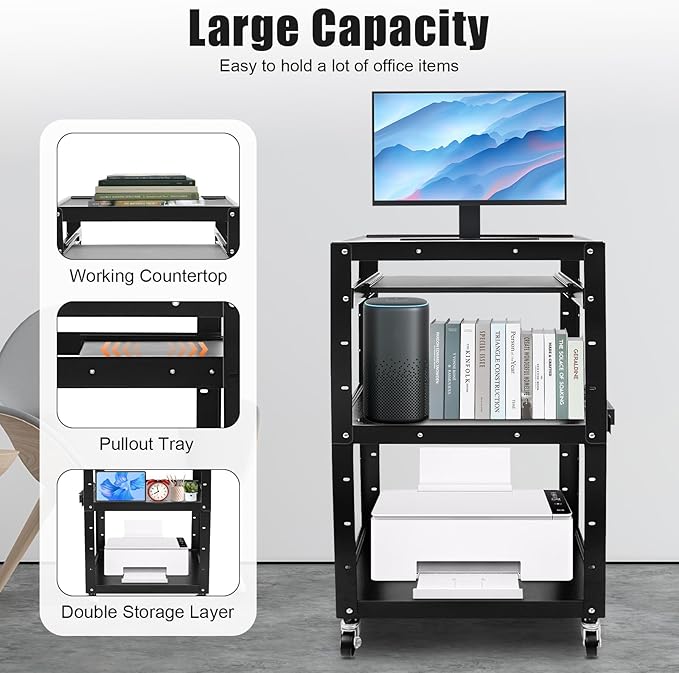 Steel Rolling AV Cart on Wheels, Commercial Furniture Mobile Utility Rolling Media Carts Computer Workstation with Height Adjustable Shelf, Keyboard Tray, Power Outlet and Plugs for Home Office, Black