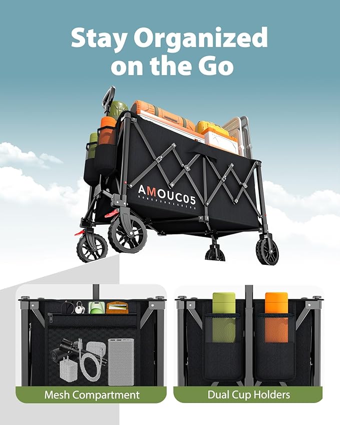 Wagons Carts Foldable, 350LBS Collapsible Wagon with 360° Rotating Wheels, Brakes, and Side Pocket, Large Capacity 160L Wagon Cart for Shopping, Park, Camping and Outdoor Use