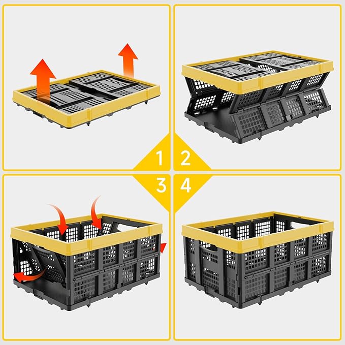 49L Collapsible Crate, Milk Crate for Storage, Foldable Storage Crate, Stackable Crate for Organizing for Home, Shopping, Camping, School, Office, Warehouse, Yellow