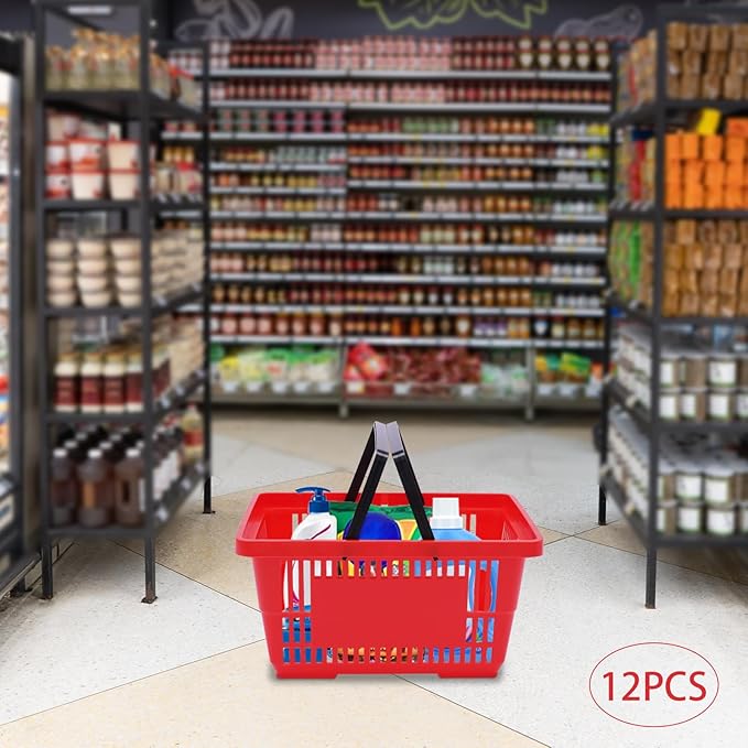 12PCS Red Plastic Shopping Baskets with Handles, Portable Retail Grocery Baskets with Handles, 21L Hand Shopping Baskets Set for Stores, Supermarket, Retail, Groceries Shopping Carrying