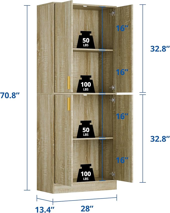 Cozy Castle Kitchen Pantry Cabinet, 71" Tall Wood Storage Cabinet with Doors and Shelves 4 Doors Freestanding Cupboard for Dining Room Living Room Bathroom Furniture, Whitewashed Oak