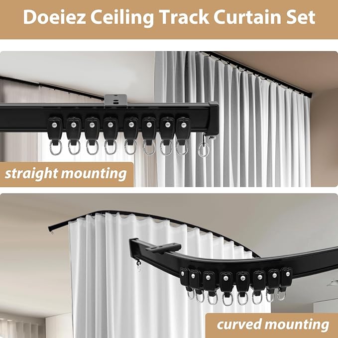 Room Divider Blackout Curtains Flexible Sliding Tracks Sets Ceiling Mounted Rod Window Curtain Privacy Separation for Bedroom Living Rooms,1 Panel Gray White Drape and Black Track Set-W180xH108 in