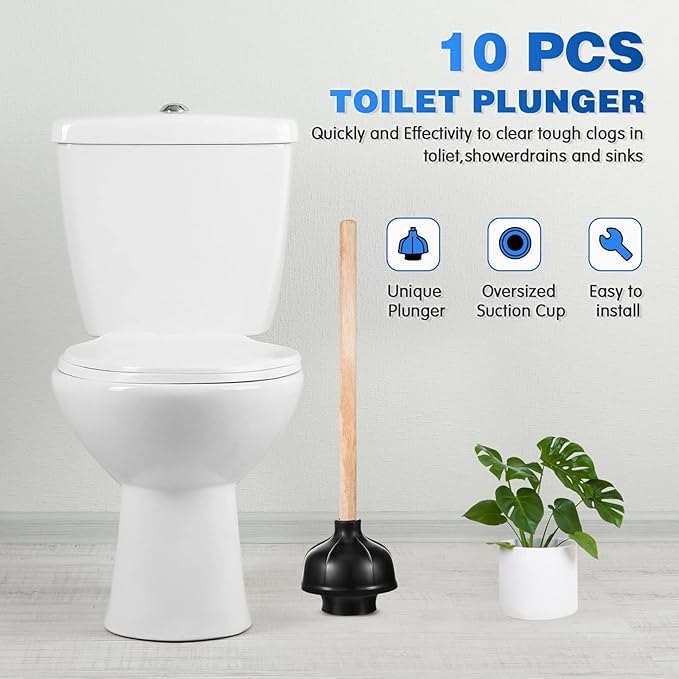 Tanlade 10 Pcs Toilet Plungers for Bathroom Heavy Duty 18 Inch Bulk Black Commercial Plungers with Double Thrust Force Rubber Suction Cup and Long Wooden Handle for Stores Restaurants