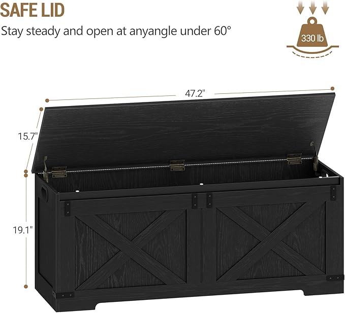 47.2" Storage Chest, Large Storage Trunk with 2 Hinges, Farmhouse Wooden Box Bench, Lift-Top Organizer Chest, Entryway Trunk for Bedroom, Living Room, Black SB12104X