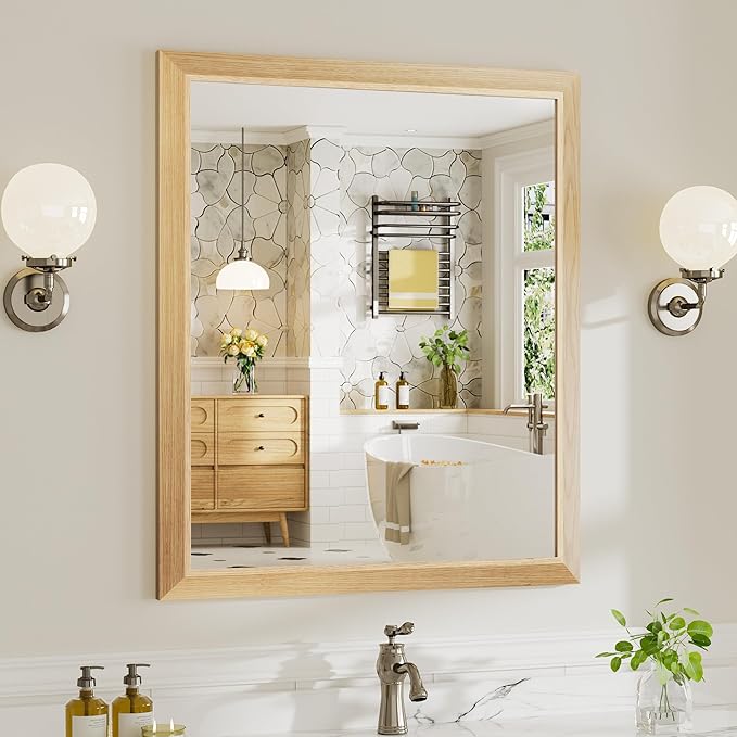 36x30 Inch Bathroom Mirror for Wall, Anti-Rust Oak Wood Grain Metal Framed Bathroom Mirrors for Over Sink,Rectangler Mirrors for Bathroom Vanity, Farmhouse, Bedroom, Living Room, Entryway Decor