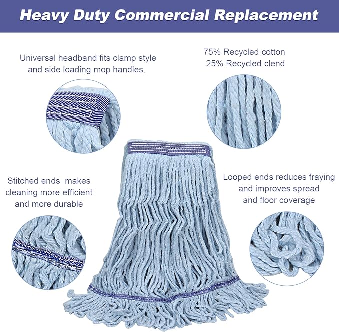 Commercial Heavy Duty Mop Heads Replacements: Wet Industrial Blue Cotton Looped End String Head Refill for General Floor Cleaning (6 Pack)