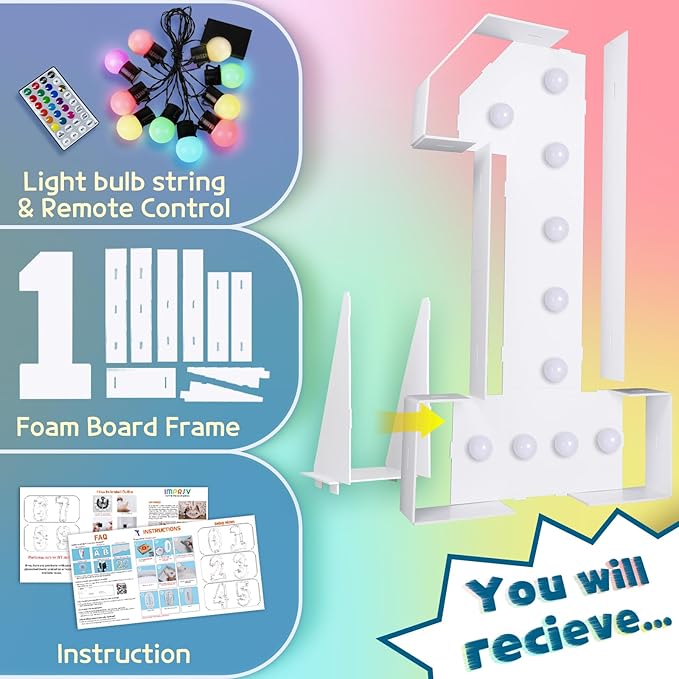 imprsv 4FT Colorful Marquee Numbers,18 Colors with Remote, Light Up Numbers 1 for 1st 10th Birthday Decorations Anniversary Party Decor, Pre-Cut Foam Board Kit, Mosaic Sign for Balloon