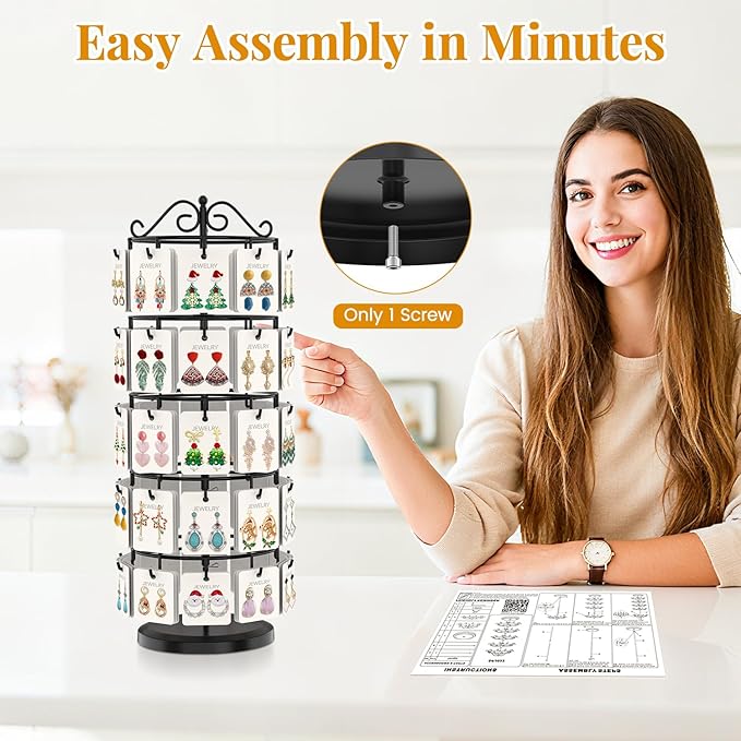 EsLuker.ly Earring Holder Organizer Rotating Display Tree Stand, Adjustable Height Earring Card Hanger Rack with 50 Hooks for Vendors Market Selling, 5 Tier Metal Jewelry Storage Tower, Black