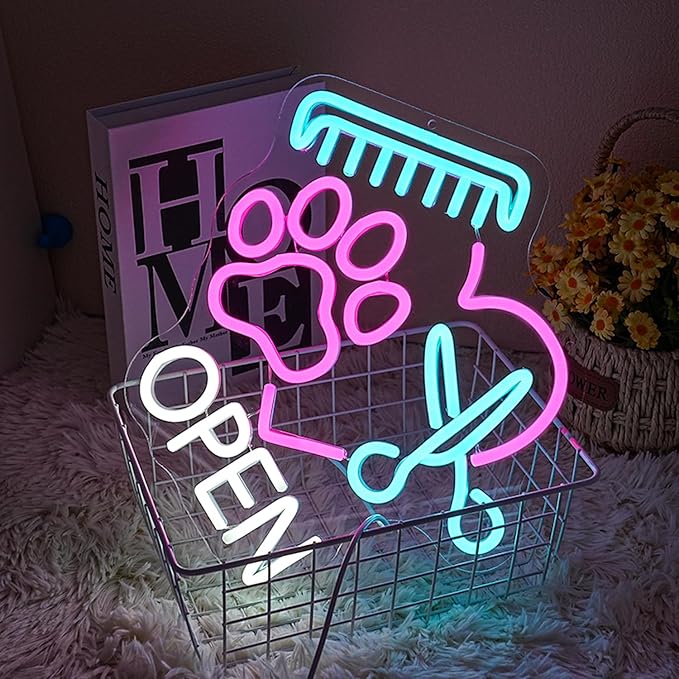 Pet Shop Open Neon Sign Paw Neon Light for Wall Decor, Dimmable Colorful Pet Grooming Salon Open LED Sign for Pet Shop,Pet Hospital,Pet Salon Store