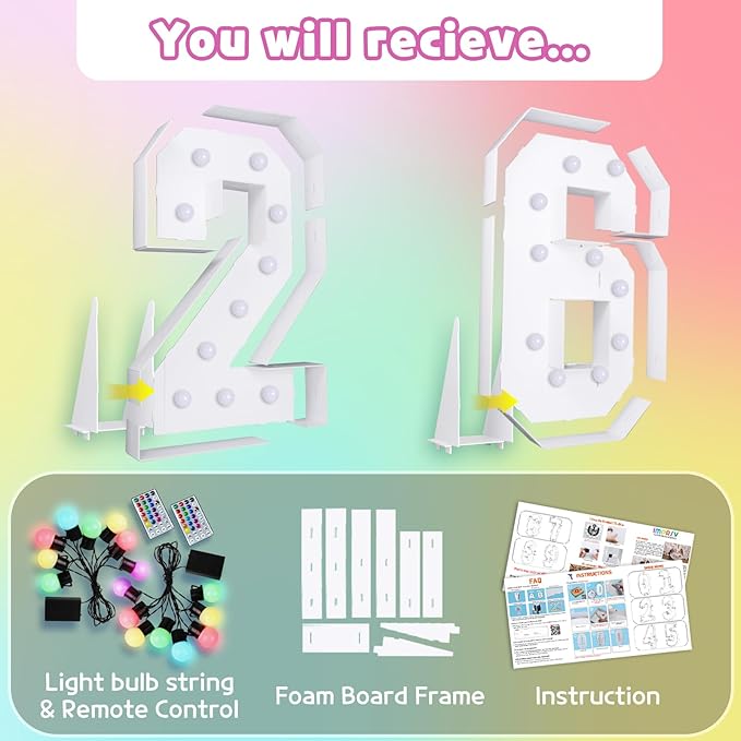 Marquee Numbers Colorful 26th Birthday Decoration: 4FT Large Light Up 26 Year Old Birthday Decorations Anniversary Backdrop Cardboard Sign 18 Colors Number 26 Mosaic Balloon Frame