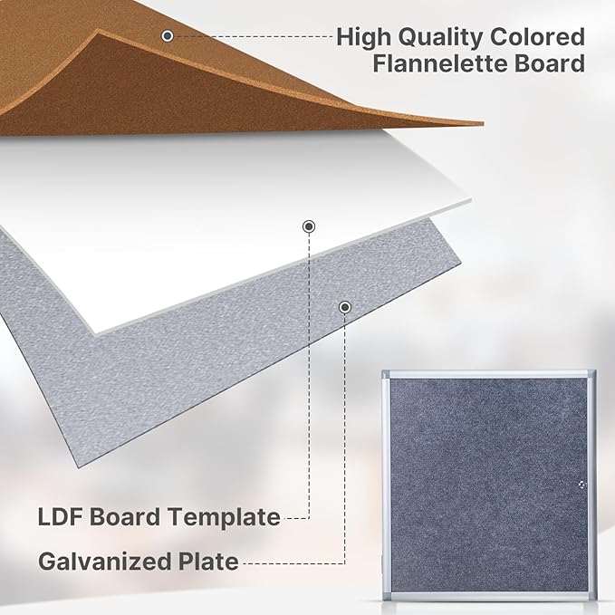 Enclosed Bulletin Board 28x26 Inch Outdoor Notice Board Tamper-Proof Flannel Lockable Display Cases with Aluminum Frame, All Weather Pinboard for Hospital, Restaurant Kitchen, Office