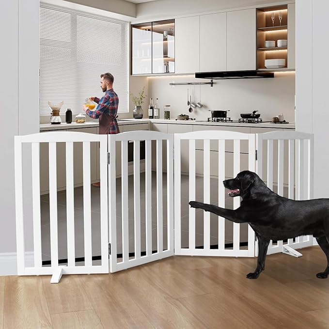 Freestanding Dog Gate Indoor,Doggie Gate Foldable Dog Gates for Doorways,Stairs or Hallways, Wooden White Pet Gate for The House, Pet Fence with Support Feet Included,32 "Height-4 Panels