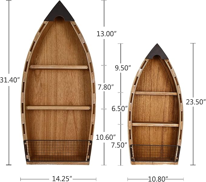 Aecipl Solid Wood Boat Shelf Decorative Nautical Wall Decor Beach Themed Bookcase Large Wooden 3-Tier Display Shelves for Home Kitchen Bedroom Living Room (31.4"+23.5" H)