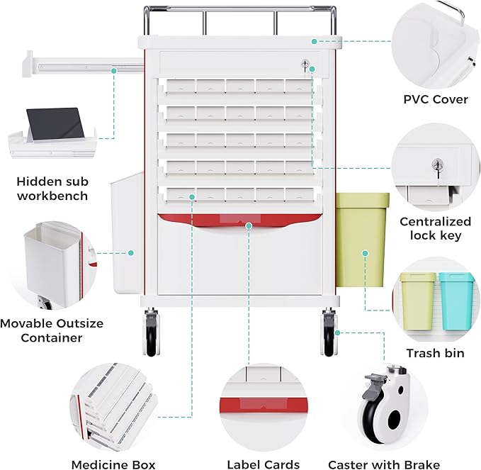 Medication Bins Cart with 200 Bins, 10 Drawers - Dual-Sided Open, 50 Medicine Boxes, Hidden Sub Workbench, Silent Casters, Container, 2 Trash Bin-Medical Crash Cart for Clinic, Hospital and Lab
