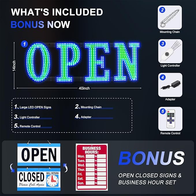 40"x 14" Large Flashing Open Sign for Business, Unique Design Super Bright Open Sign with Hanging Installation for Bar Salon Coffee Stores Club Hotel (Blue & Green)