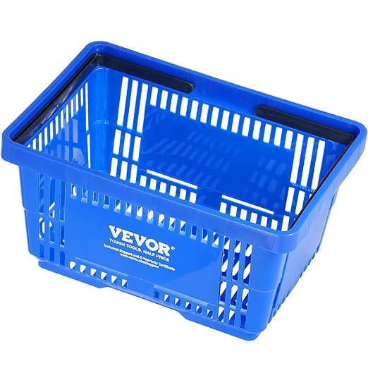 VEVOR 12 PCS Shopping Basket, 16.73 x 11.61 x 8.86 inch Durable Plastic Grocery Basket with Stand & Handle, 24L Portable Shop Basket Bulk, Idea for Retail Store Supermarket Grocery Shopping, Blue