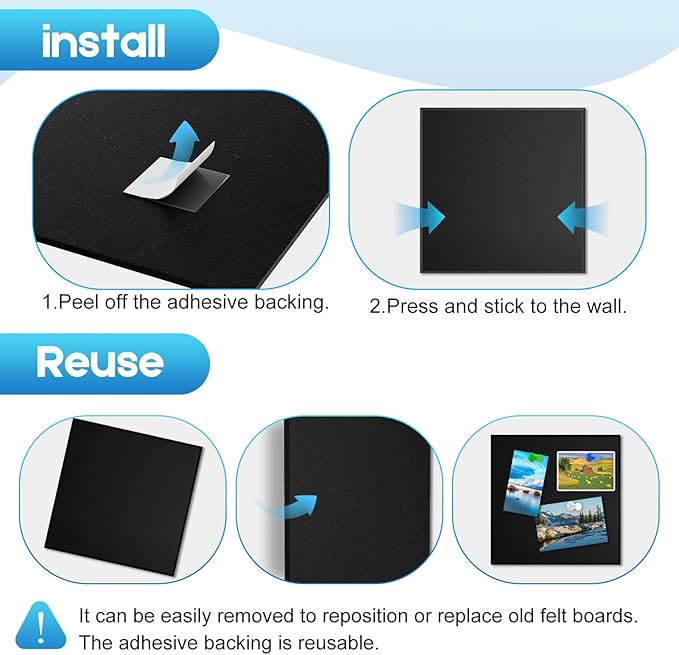 Large Cork Board for Wall 36" x 24", 6 Pack Black Bulletin Board, Felt Wall Tiles with 48 Safe Removable Adhesive Tabs, 30 Push Pins, Cork Boards for Home Office Pin Board Tack Board