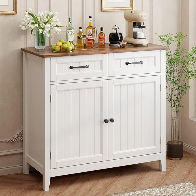 Gizoon Kitchen Sideboard Buffet Cabinet, 32'' H Large Kitchen Storage Island and Adjustable Shelf, Modern Coffee Bar Console Cabinet for Dining Room, Bathroom, Entryway, Retro