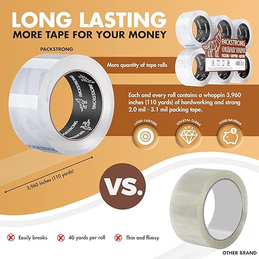 Packstrong Industrial Grade Clear Packing Tape 6 Rolls - 110 Yards per Roll - 2" Wide x 2.7 mil Thick, Acrylic Adhesive Heavy Duty Tape for Box Office Moving Packaging Shipping