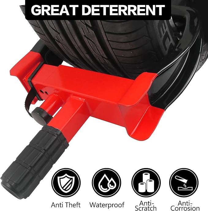 KAYCENTOP Wheel Clamp Lock Tire Lock Anti Theft Lock Fit Most Vehicles Max 11" Tire Width and 7" Reach for Trailers SUV Boats ATVs Motorcycles Golf Cart Great Deterrent Bright Red/Black, 3 Keys
