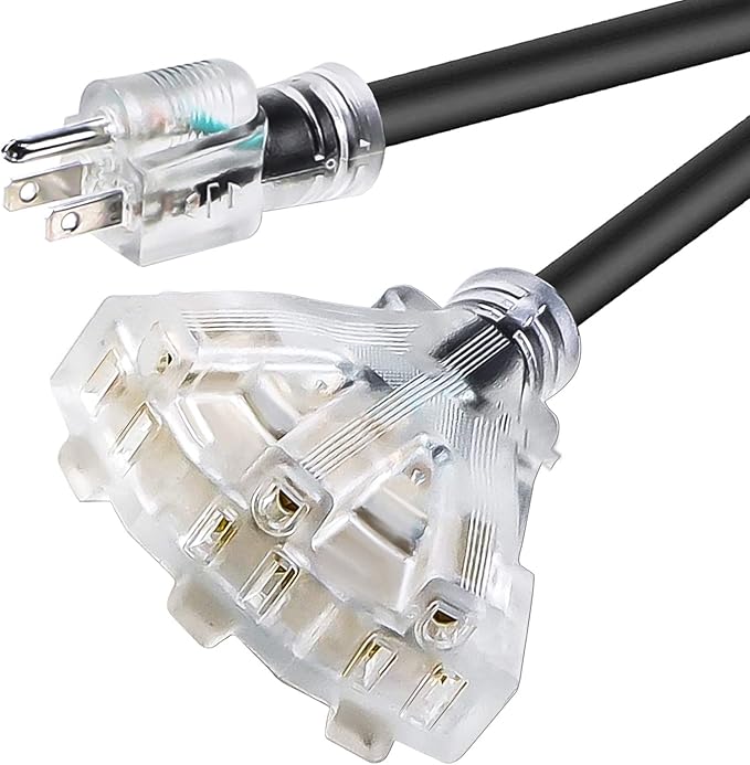 100 FT 12/3 Extension Cord Heavy Duty Black 3-Outlet Indoor/Outdoor SJTW Lighted 12-Gauge Grounded Power Cable,12AWG 15 Amp, 1875 Watts，UL Listed，Safety