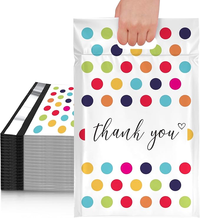 JinRuiKJ Poly Mailers with Handle 10x13 Inch 100 Pcs, Easy to Carry Packaging Bags for Small Business, Thank You Shipping Bags with Self Adhesive Strip, Tearproof and Waterproof - Colorful Polka Dot