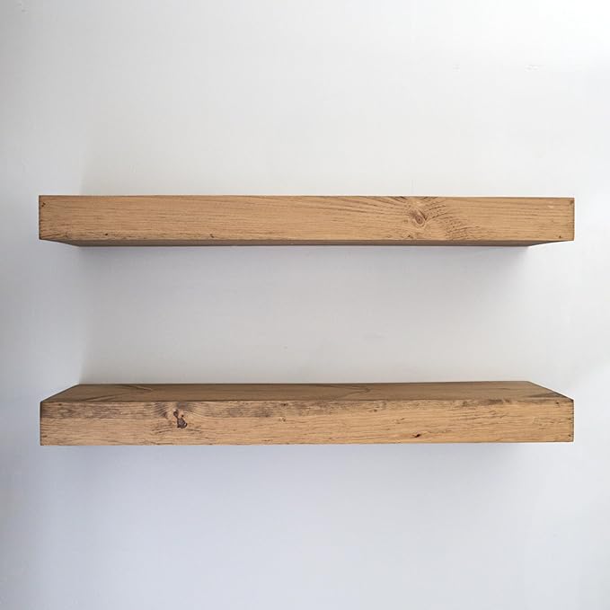 Urbandi Modern Floating Shelves 3 Inches Thick for Wall, Wide Shelves for Kitchen, Living Room, Bedroom, and Bathroom, Natural Pine Wood, Rustic Wooden Shelf, (Set of 2) (Aged Oak, 24Lx3Hx6D)