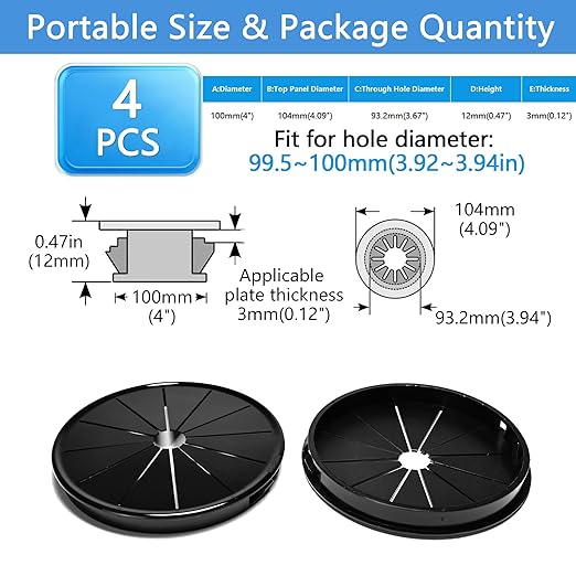 4 Pcs Cable Grommet, Snap Bushing 4" (100 mm) Mounting Diameter, Flexible Petal-Shaped Buckle Round Nylon Desk Grommet for Wires Through Countertop Cord Organizer and Protection, Black