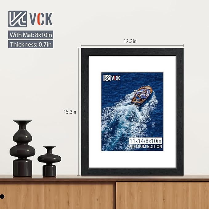 VCK 11x14 Black Picture Frame Set of 5, Textured Modern Wooden Photo Frames with HD Glass | Matted to 8x10 or 11x14 without Mat | Wall Hanging Display - Hardware Included