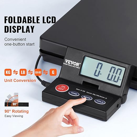 VEVOR Digital Shipping Scale, 110 lbs x 0.07 oz. Heavy Duty Postal Scale with Timer, Tare, Hold Function, 90° Foldable LCD Screen Package Scale for Laggage, Home, Post Office, AC/DC Powered, FCC Liste