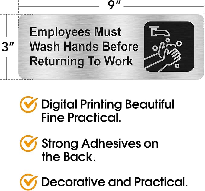 Faittoo Employees Must Wash Hands Before Returning to Work Sign, (8 Pack) Rust Free Brushed Aluminum Sign with Symbols, Self-adhesive, for Restaurant, Salons, Hotel, Rest Stops, Public Restrooms