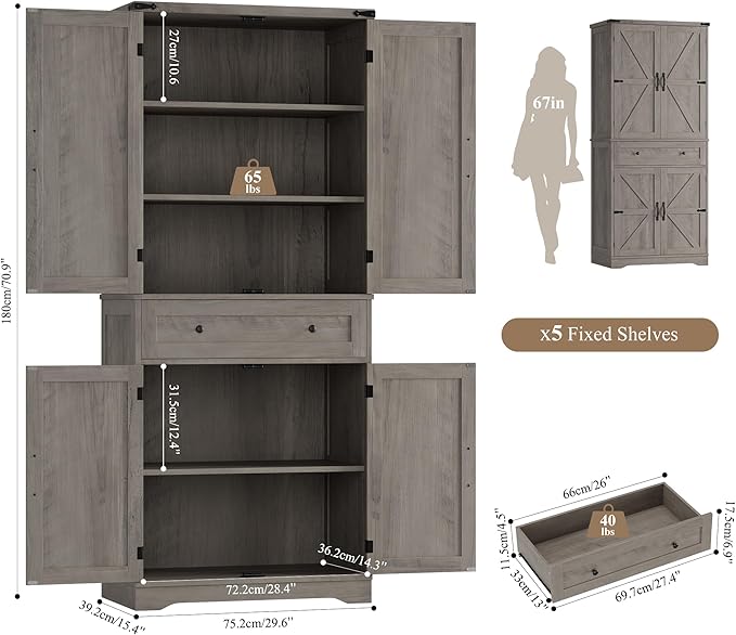 HOSTACK 71" Tall Pantry Cabinet, Farmhouse Kitchen Pantry with Storage Shelves, Barn Doors Food Storage Cabinet, Freestanding Kitchen Hutch with Large Drawer for Dining Room, Living Room, Ash Gray