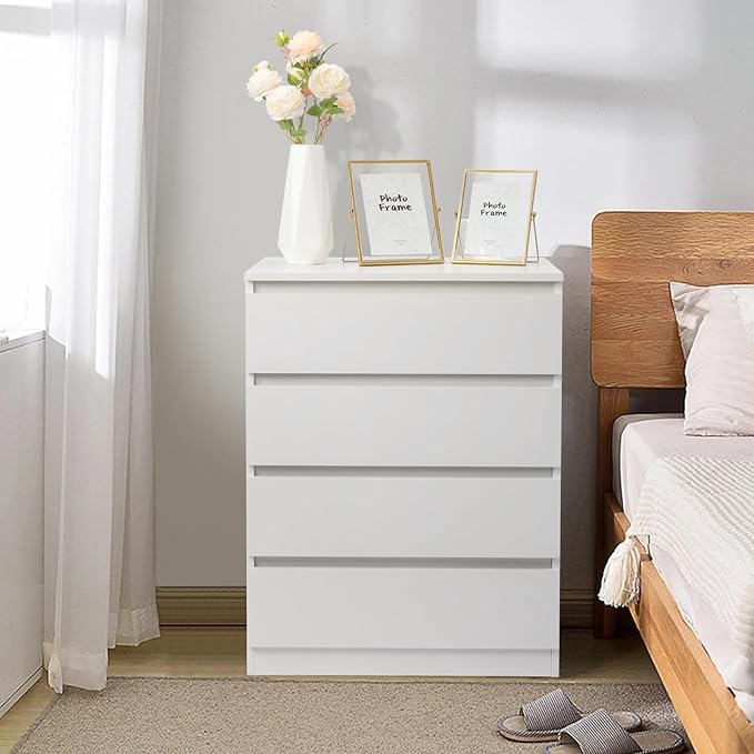 Dresser for Bedroom, Modern Wood Dresser Chest of Drawers, No Handle Storage Cabinet for Girls, Anti-Tipping Device, Living Room, Home Office, Hallway Organizer (White, 4 Drawers)