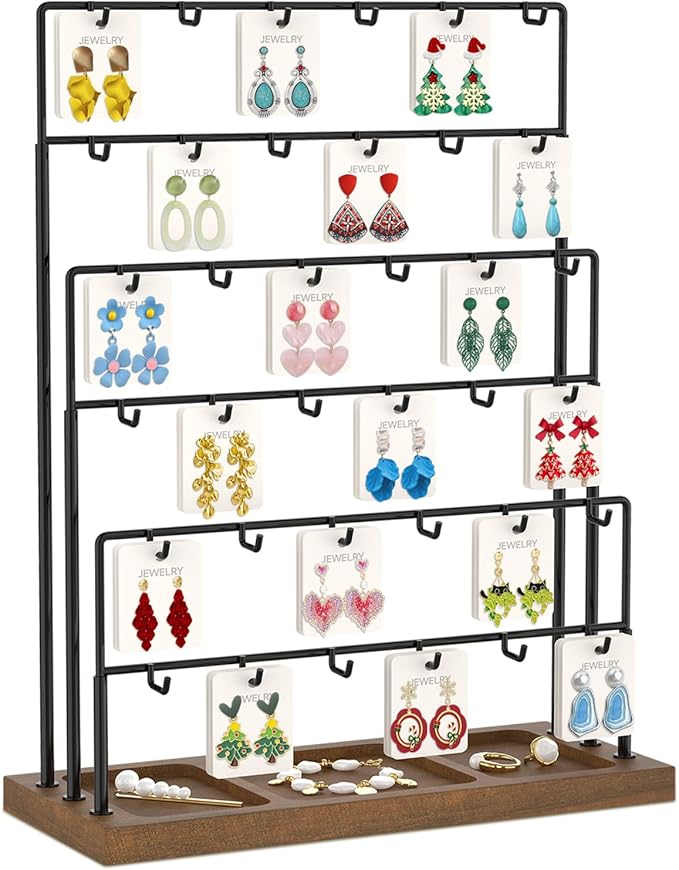 EsLuker.ly Earring Card Display Stand for Vendors Events Selling, Earring Holder Rack Metal 6 Tier 36 Hooks with Wooden Base, Large Capacity Showcase Your Jewelry at Any Event, Black