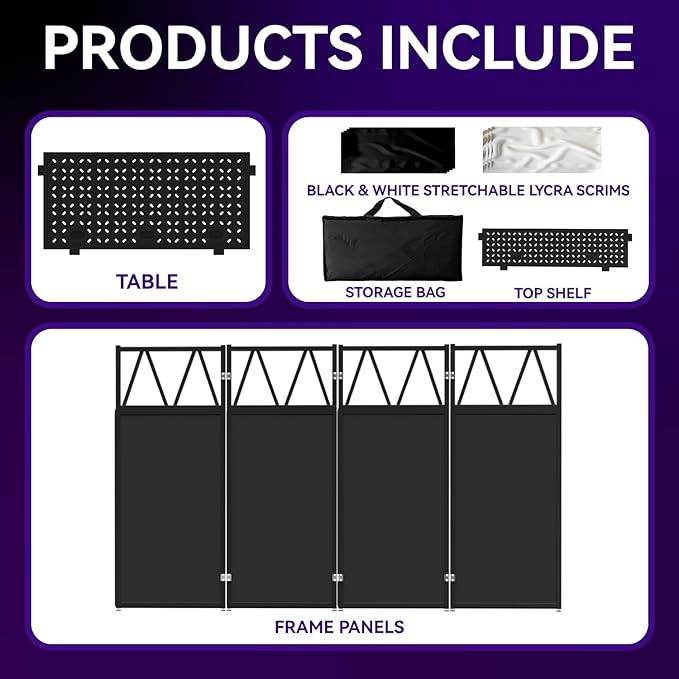 Portable DJ Booth Table,Foldable DJ Table Stand with White & Black Scrim,Adjustable D J Facade Station Metal Frame with Cable Hole for Private Events, Clubs, Bars (Upgrade)