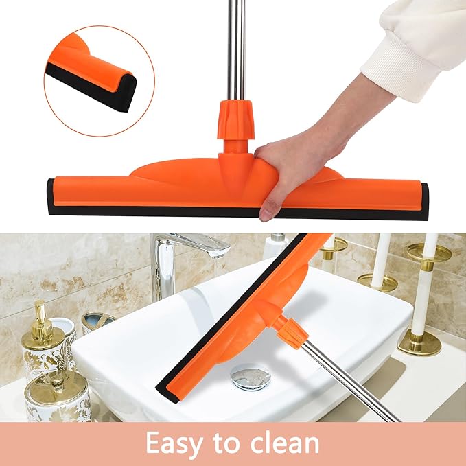 Multi-Purpose Floor Squeegee,Long-Handled EVA Scraper,Adjustable 68-inch Stainless Steel Rod, Ideal for Concrete, Tile, Garages, Terraces, Decks and Swimming Pools(Orange)