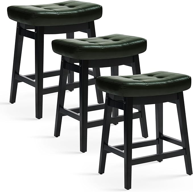 Counter Height Bar Stools Set of 3 for Kitchen Counter Farmhouse Modern Barstools with Faux Leather Upholstered Backless Seat and Solid Wood Legs 24 inch Bar Chairs, Green + Black
