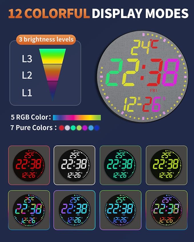 12" Large Digital Wall Mount Clock, Count Down Timer, Alarm, Big LED, 12 RGB Color, Temperature for Living Room Classroom Desk, Xmas, Birthday Gift for Senior Mom (Fabric Elements)
