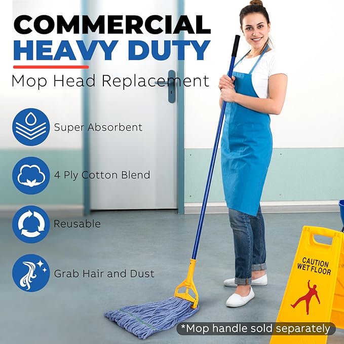 Onesimus 24 oz Mop Head Replacement, Industrial Mops for Floor Cleaning Heavy Duty 4-Ply Cotton Blend Looped End Wet Mop Refills 1.25 in Universal Headband Fit Most Handles, 3 Pack X-Large Blue