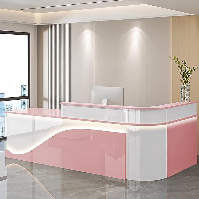 Modern Reception Desk – Front Desk, Reception Counter for Office, Checkout Counter, LED Lighting, Storage, Soft Close Drawers, Custom Logo, Fully Assembled (S,100IN)