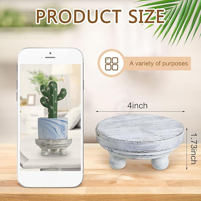 Set of 2 Mini Wood Risers for Decor Round Wooden Riser Small Wooden Stool Display Stand Farmhouse Rustic Wood Pedestal for Plant Pot Tiered Tray Decor Cake Food Collection Display(White)