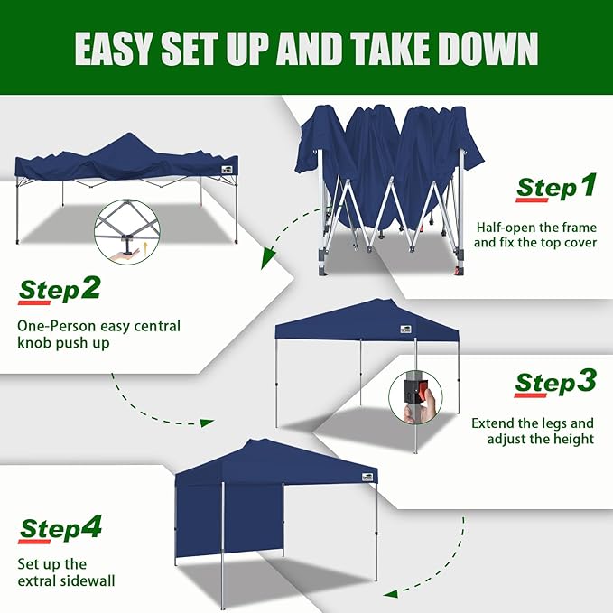 Eurmax USA NOMATTER ONE-Person Open&Close 10x10ft Pop Up Canopy Tent,Portable Shelter Canopy for Outdoor Events with 1 Removable Sidewall,Temporary Sunshade,Bonus 4 Sand Bags(Navy Blue)