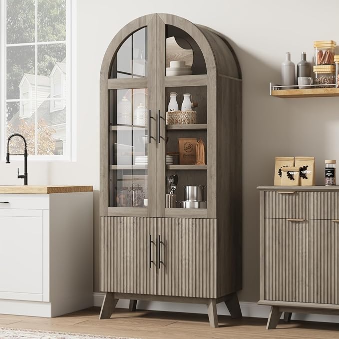 71" Modern Fluted Display Cabinet with Glass Door, Arched Curio Cabinet with Adjustable Shelf, Bookcase for Collectibles Books, Storage Cabinet for Living Room, Dining Room, Grey