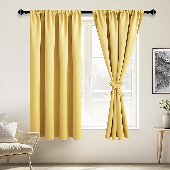 JIUZHEN Blackout Curtains – Thermal Insulated,Noise Reducing Room Darkening Soundproof Drapes for Living Room,Bedroom, Set of 2 Panels with Tiebacks, 42 x 63 inch Long, Light Yellow