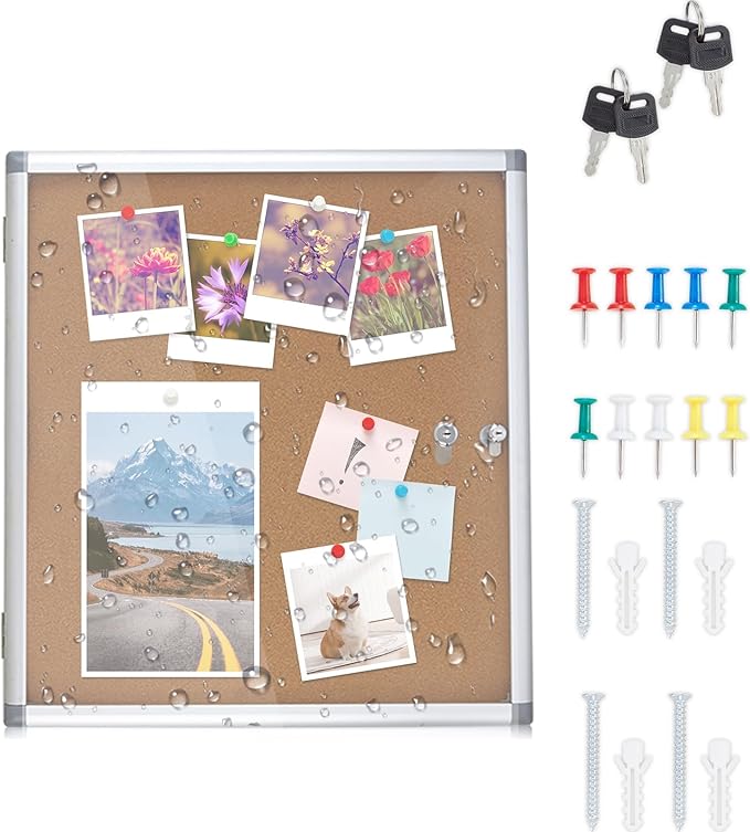 Enclosed Cork Bulletin Board Tamper-Proof Dispaly Case, Aluminium Frame, All-Weather Cork Noticeboard, Outdoor Enclosed Cork Board for School, Office, Restaurant, Hospital (28 X 26 Inches)