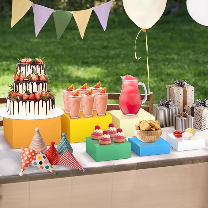 6 Pcs Buffet Food Risers, Large Acrylic Dessert Cupcake Table Stands Fruit Display Shelf Catering Supply Party Jewelry Show Decor Risers Cube Box Nesting Multicolor(10", 9", 8", 7",6.5", 6")