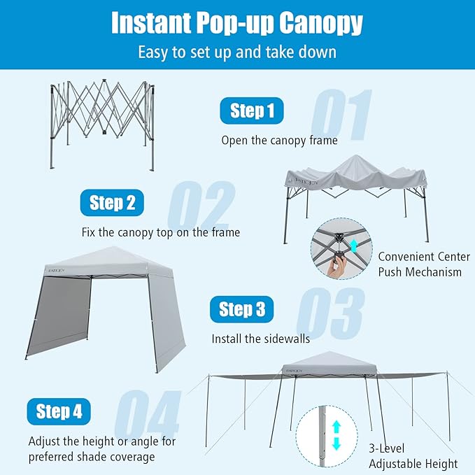 Tangkula 10x10 Ft Pop Up Canopy with Sidewalls, Portable Outdoor Tent with Center Lock, 16 Stakes, 12 Ropes, Roller Bag, UPF50+ Canopy Tent with Dual Awnings for Camping, Patio, Market